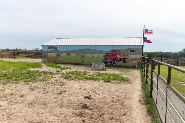 An aerial view of 3 Shy Ranch in Texas, featuring a large arena building, livestock pens, and open fields specifically designed for hosting cattle dog trials and working dog events.